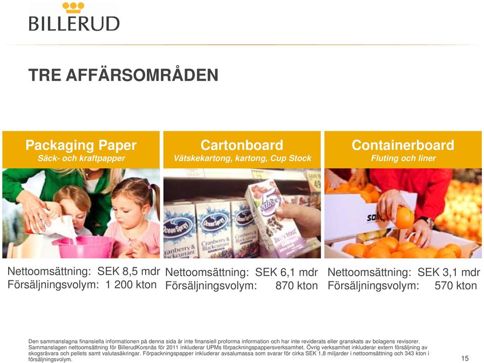 information och har inte reviderats eller granskats av bolagens revisorer. Sammanslagen nettoomsättning för BillerudKorsnäs för 2011 inkluderar UPMs förpackningspappersverksamhet.