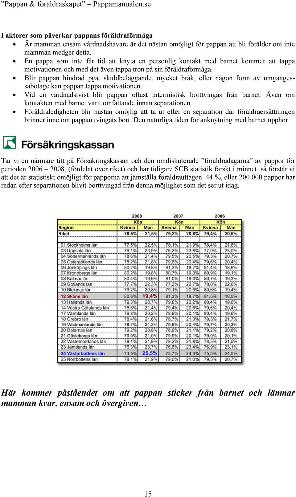 skuldbeläggande, mycket bråk, eller någon form av umgängessabotage kan pappan tappa motivationen. Vid en vårdnadstvist blir pappan oftast intermistisk borttvingas från barnet.