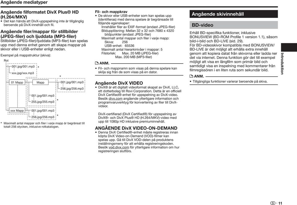 USB-enheter enligt nedan. Exempel på mappstruktur (skiva): Rot * 001.jpg/001.mp3 xxx.jpg/xxx.mp3 01 Mapp xxx Mapp * Mapp 001.jpg/001.mp3 255.jpg/255.mp3 001.jpg/001.mp3 256.jpg/256.mp3 * * * 001.