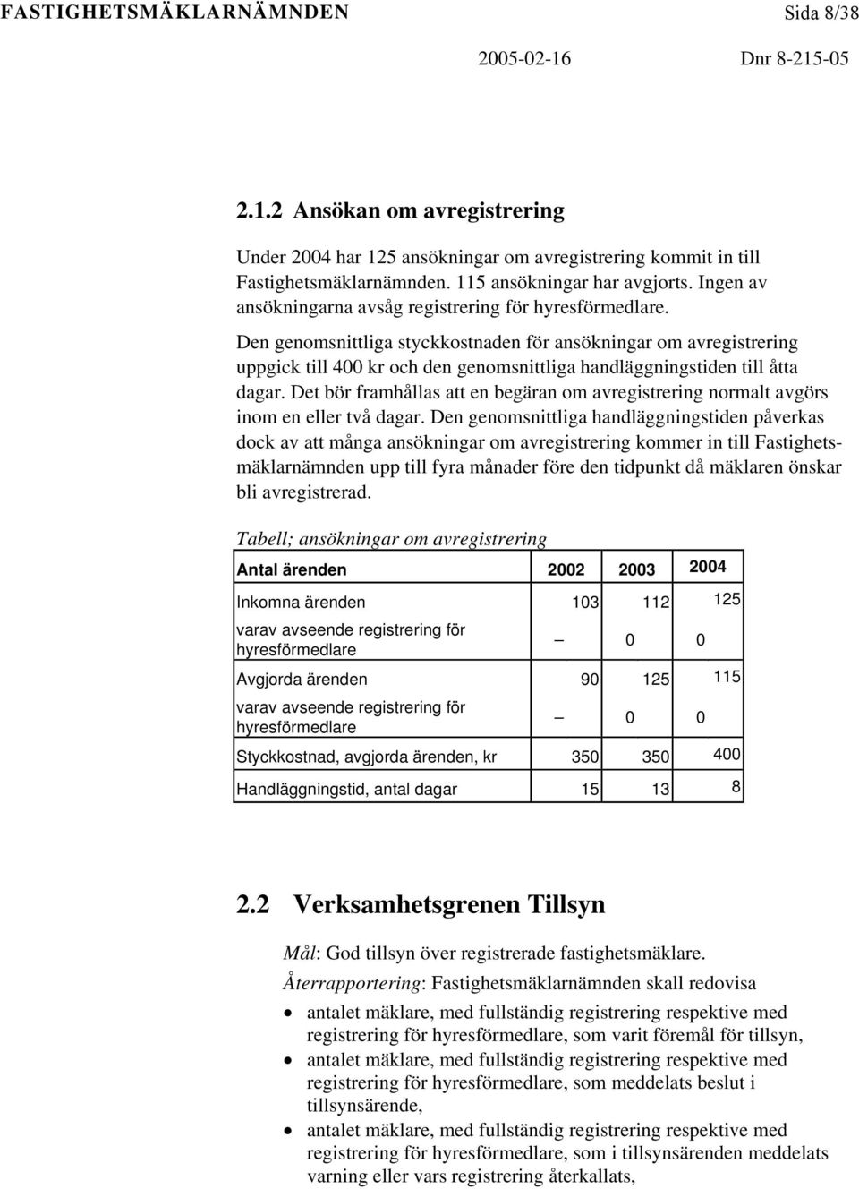 Den genomsnittliga styckkostnaden för ansökningar om avregistrering uppgick till 400 kr och den genomsnittliga handläggningstiden till åtta dagar.