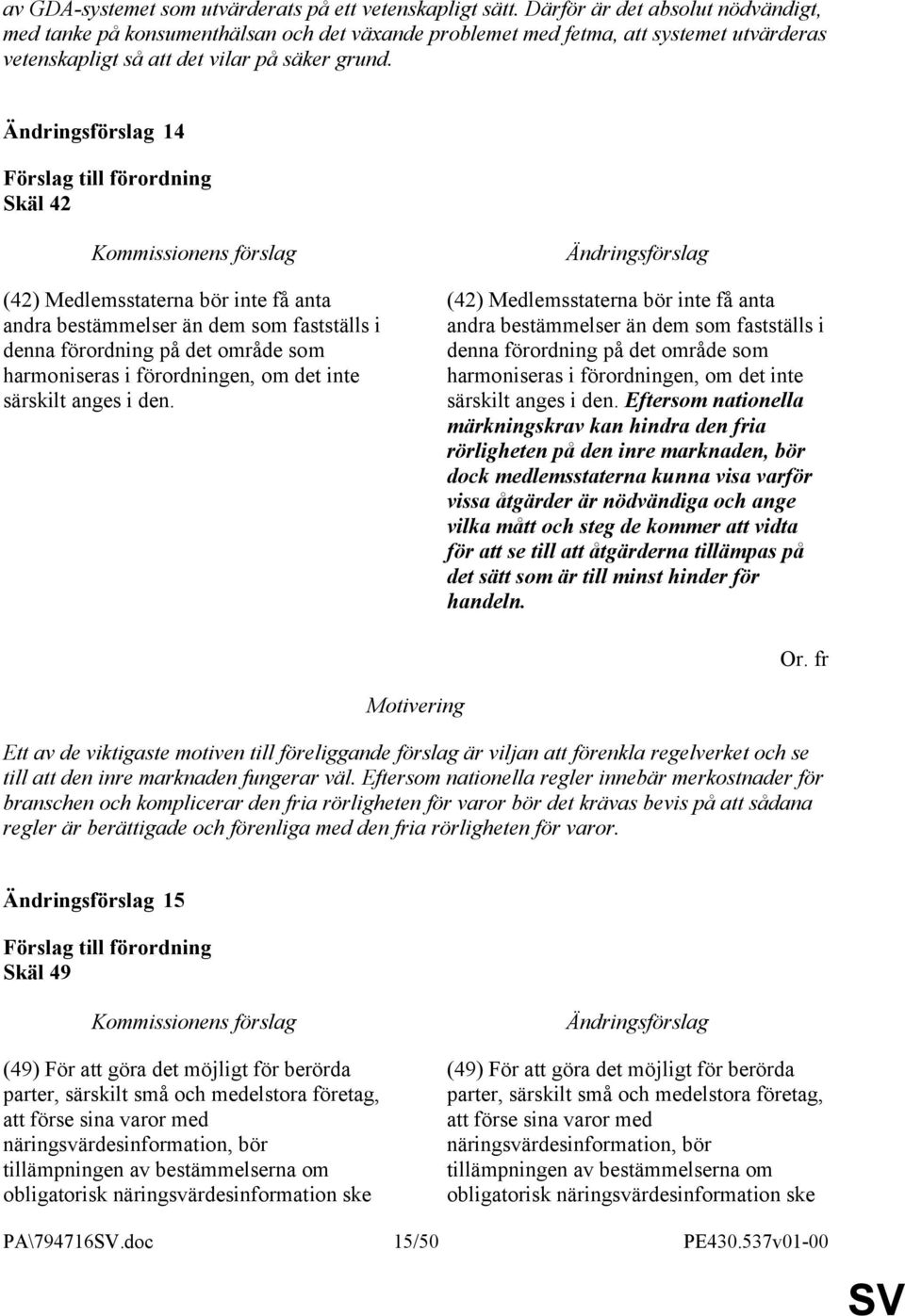 14 Skäl 42 (42) Medlemsstaterna bör inte få anta andra bestämmelser än dem som fastställs i denna förordning på det område som harmoniseras i förordningen, om det inte särskilt anges i den.