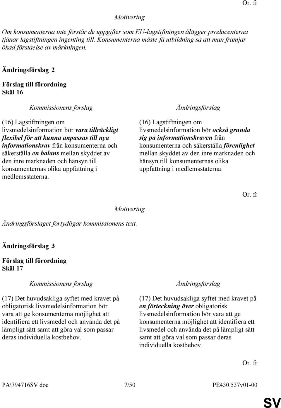 2 Skäl 16 (16) Lagstiftningen om livsmedelsinformation bör vara tillräckligt flexibel för att kunna anpassas till nya informationskrav från konsumenterna och säkerställa en balans mellan skyddet av