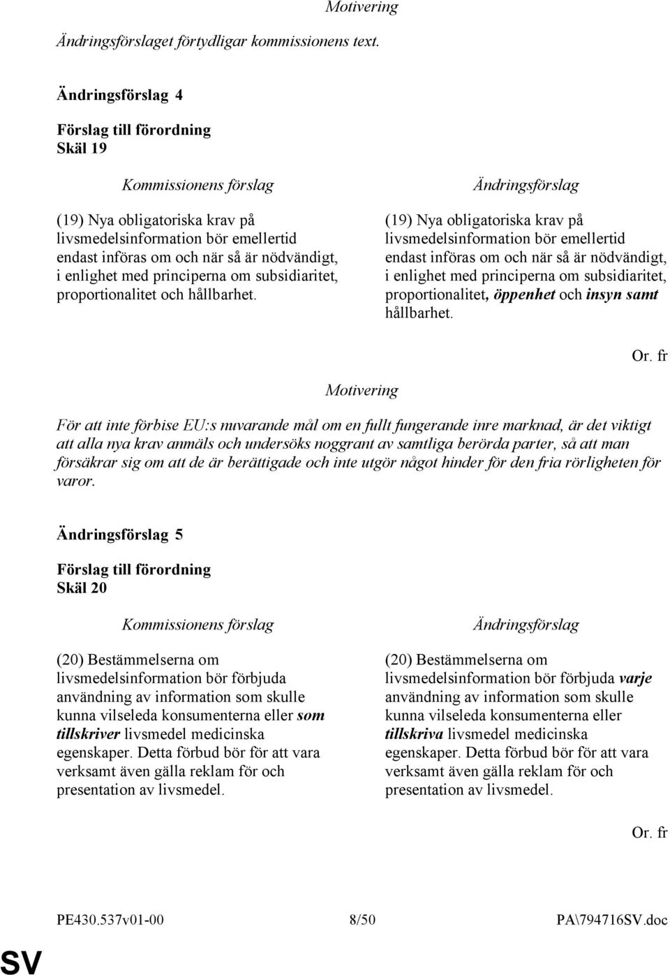 (19) Nya obligatoriska krav på livsmedelsinformation bör emellertid endast införas om och när så är nödvändigt, i enlighet med principerna om subsidiaritet, proportionalitet, öppenhet och insyn samt