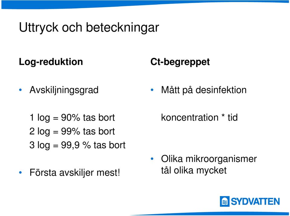 2 log = 99% tas bort 3 log = 99,9 % tas bort Första