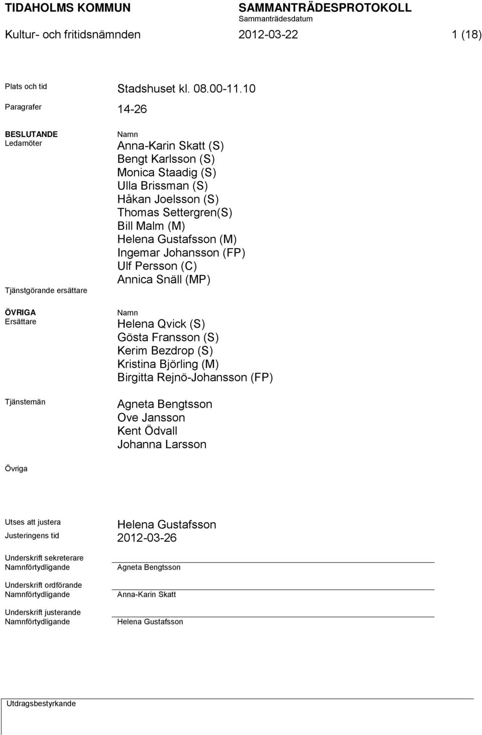 Thomas Settergren(S) Bill Malm (M) Helena Gustafsson (M) Ingemar Johansson (FP) Ulf Persson (C) Annica Snäll (MP) Namn Helena Qvick (S) Gösta Fransson (S) Kerim Bezdrop (S) Kristina Björling (M)