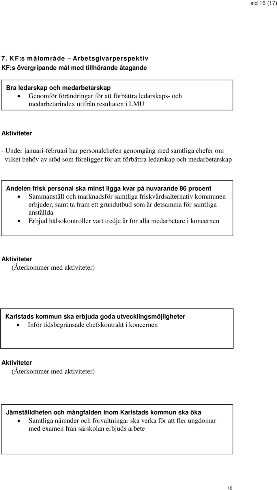 resultaten i LMU - Under januari-februari har personalchefen genomgång med samtliga chefer om vilket behöv av stöd som föreligger för att förbättra ledarskap och medarbetarskap Andelen frisk personal