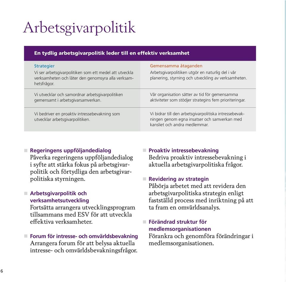 Vi utvecklar och samordnar arbetsgivarpolitiken gemensamt i arbetsgivarsamverkan. Vår organisation sätter av tid för gemensamma aktiviteter som stödjer strategins fem prioriteringar.