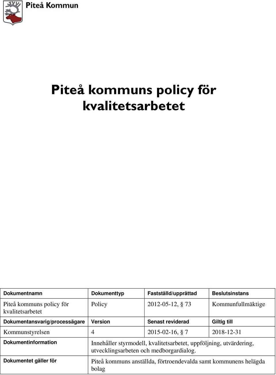 Kommunstyrelsen 4 2015-02-16, 7 2018-12-31 Dokumentinformation Dokumentet gäller för Innehåller styrmodell, kvalitetsarbetet,