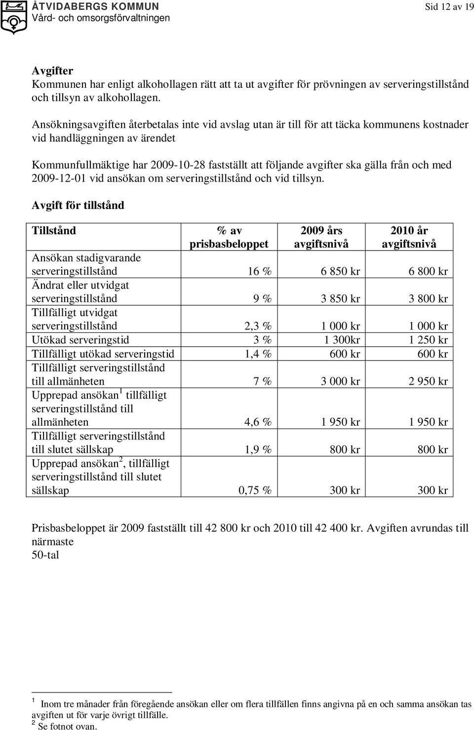 från och med 2009-12-01 vid ansökan om serveringstillstånd och vid tillsyn.