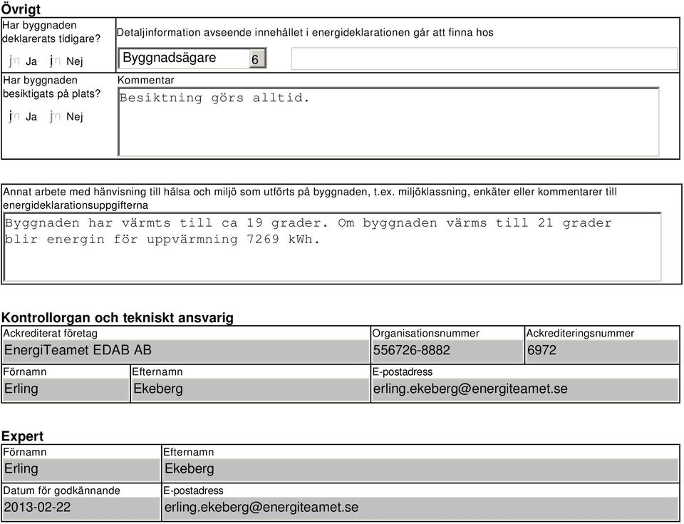 Annat arbete med hänvisning till hälsa och miljö som utförts på byggnaden, t.ex. miljöklassning, enkäter eller kommentarer till energideklarationsuppgifterna Byggnaden har värmts till ca 19 grader.