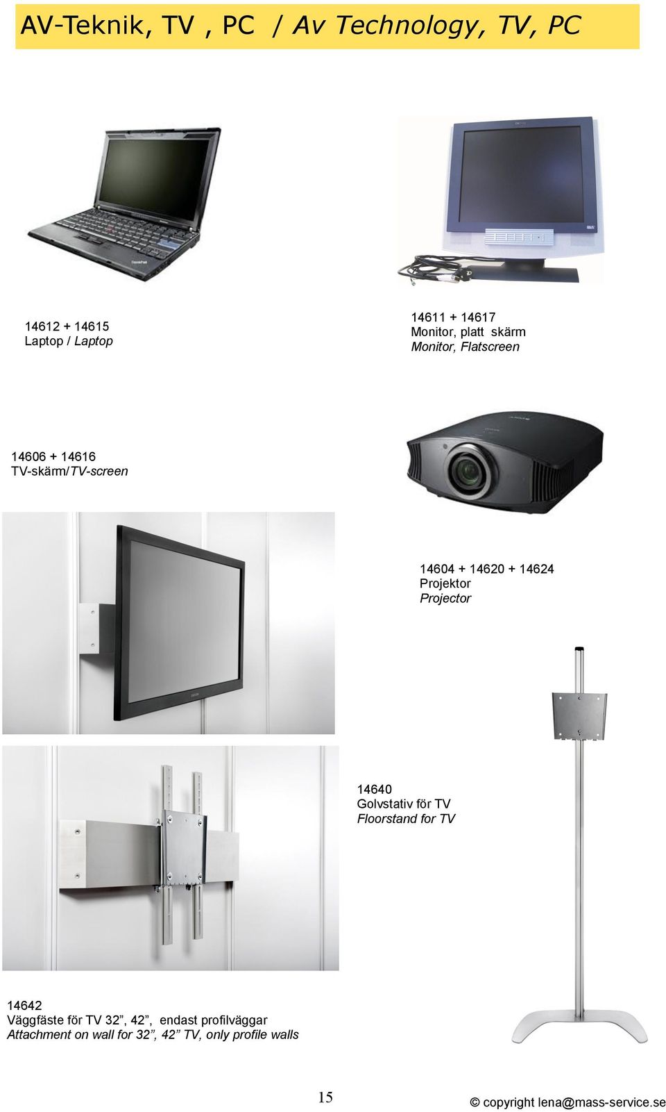 + 14624 Projektor Projector 14640 Golvstativ för TV Floorstand for TV 14642 Väggfäste