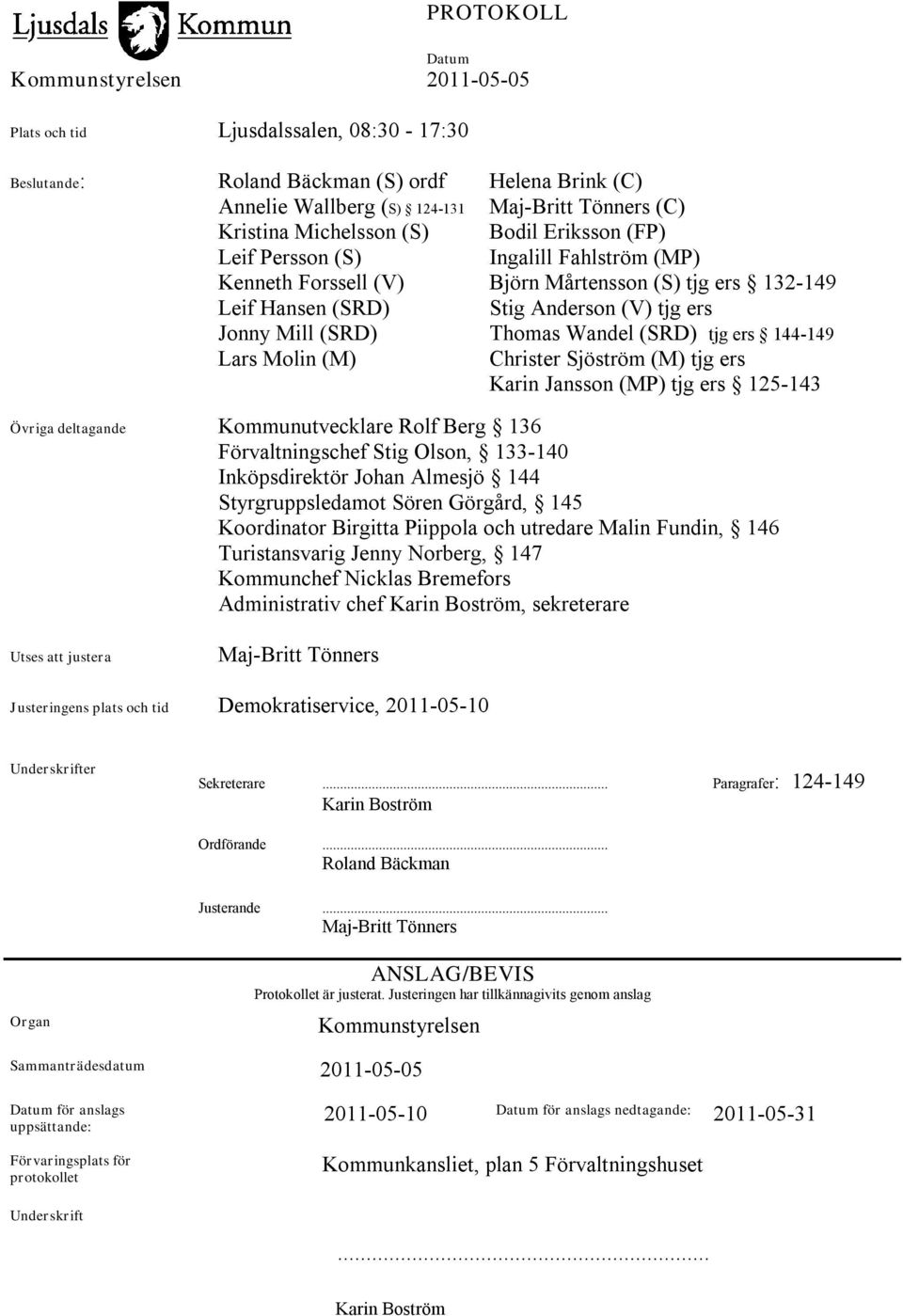 Molin (M) Christer Sjöström (M) tjg ers Karin Jansson (MP) tjg ers 125-143 Övriga deltagande Kommunutvecklare Rolf Berg 136 Förvaltningschef Stig Olson, 133-140 Inköpsdirektör Johan Almesjö 144