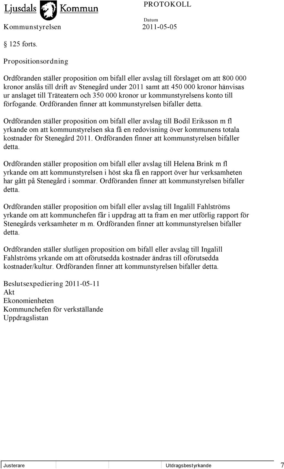 till Träteatern och 350 000 kronor ur kommunstyrelsens konto till förfogande. Ordföranden finner att kommunstyrelsen bifaller detta.