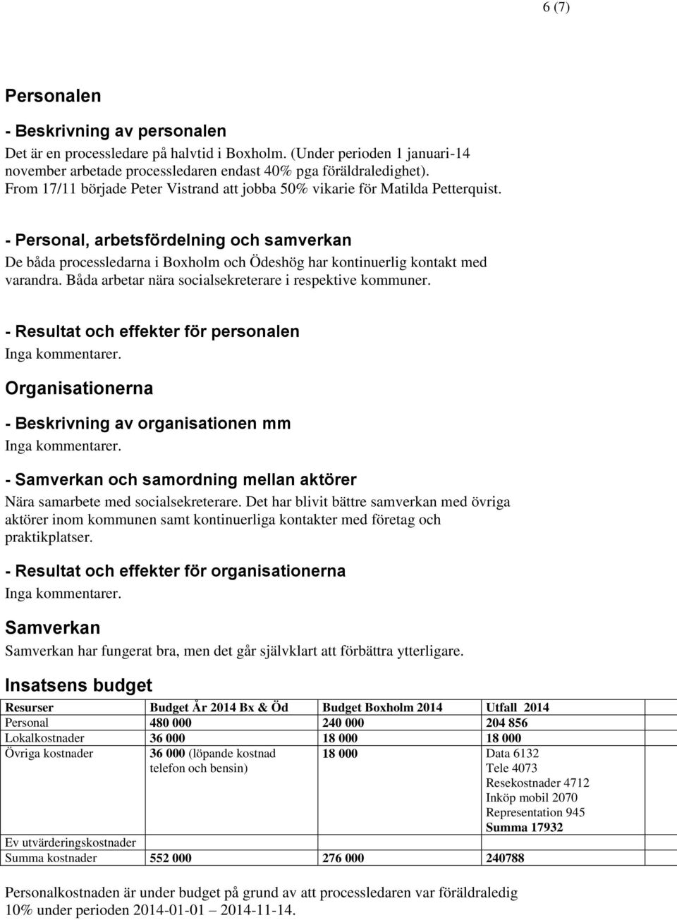 - Personal, arbetsfördelning och samverkan De båda processledarna i Boxholm och Ödeshög har kontinuerlig kontakt med varandra. Båda arbetar nära socialsekreterare i respektive kommuner.