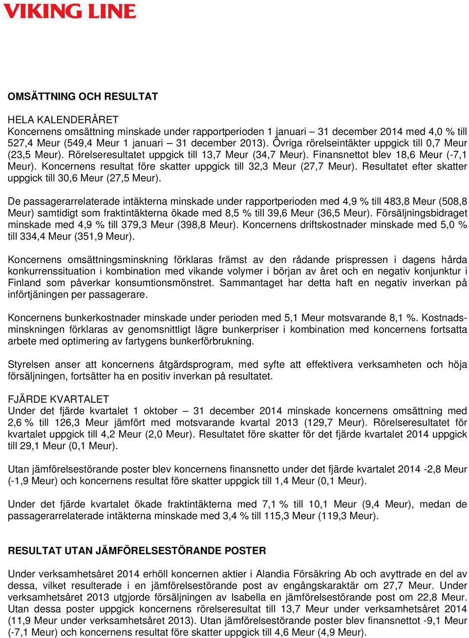 Koncernens resultat före skatter uppgick till 32,3 Meur (27,7 Meur). Resultatet efter skatter uppgick till 30,6 Meur (27,5 Meur).