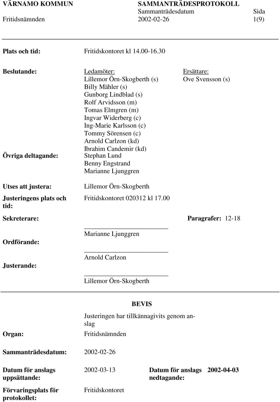 Arvidsson (m) Tomas Elmgren (m) Ingvar Widerberg (c) Ing-Marie Karlsson (c) Tommy Sörensen (c) Arnold Carlzon (kd) Ibrahim Candemir (kd) Stephan Lund Benny Engstrand Marianne Ljunggren Lillemor