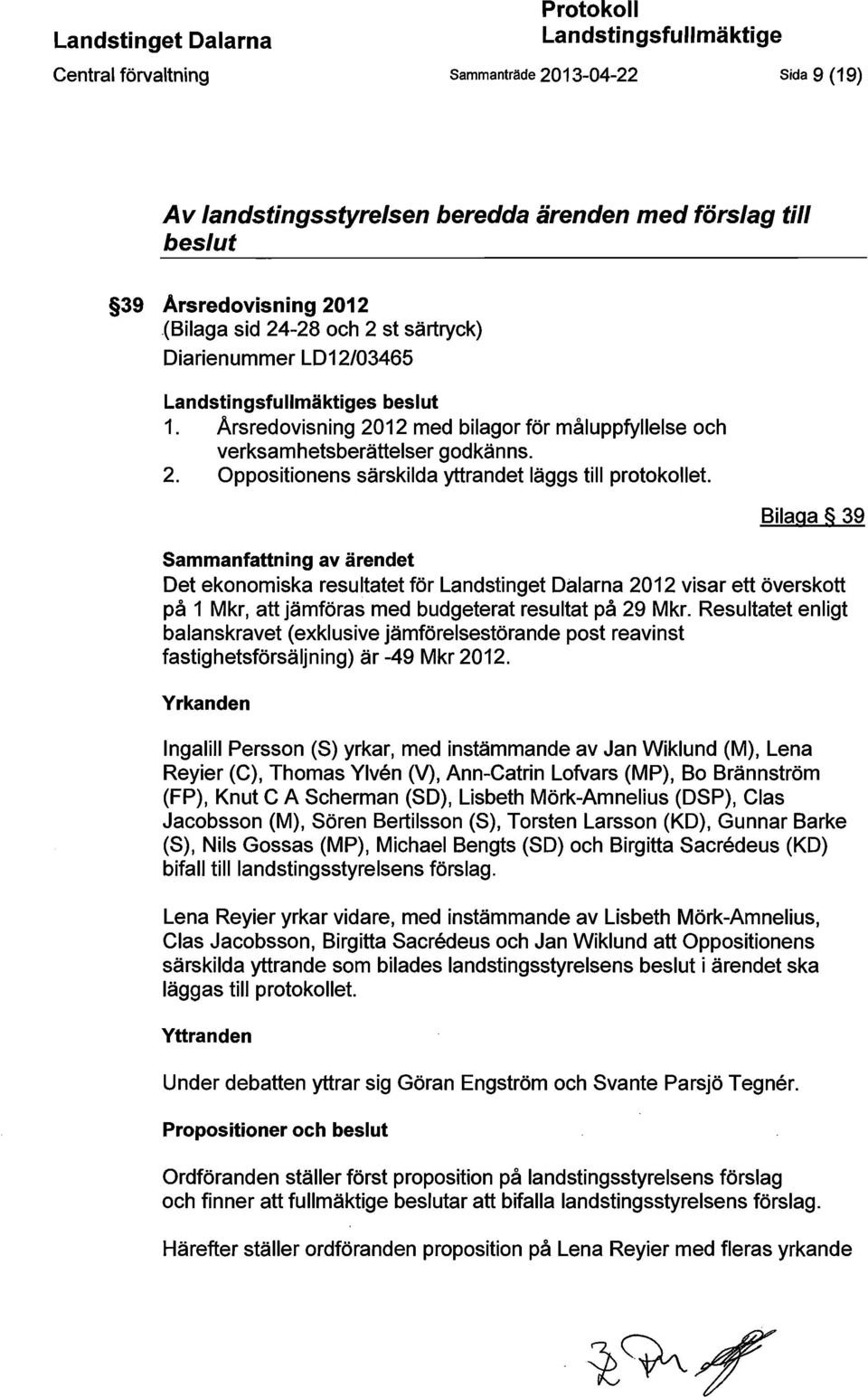 Bilaga 39 Sammanfattning av ärendet Det ekonomiska resultatet för Landstinget Dalarna 2012 visar ett överskott på 1 Mkr, att jämföras med budgeterat resultat på 29 Mkr.