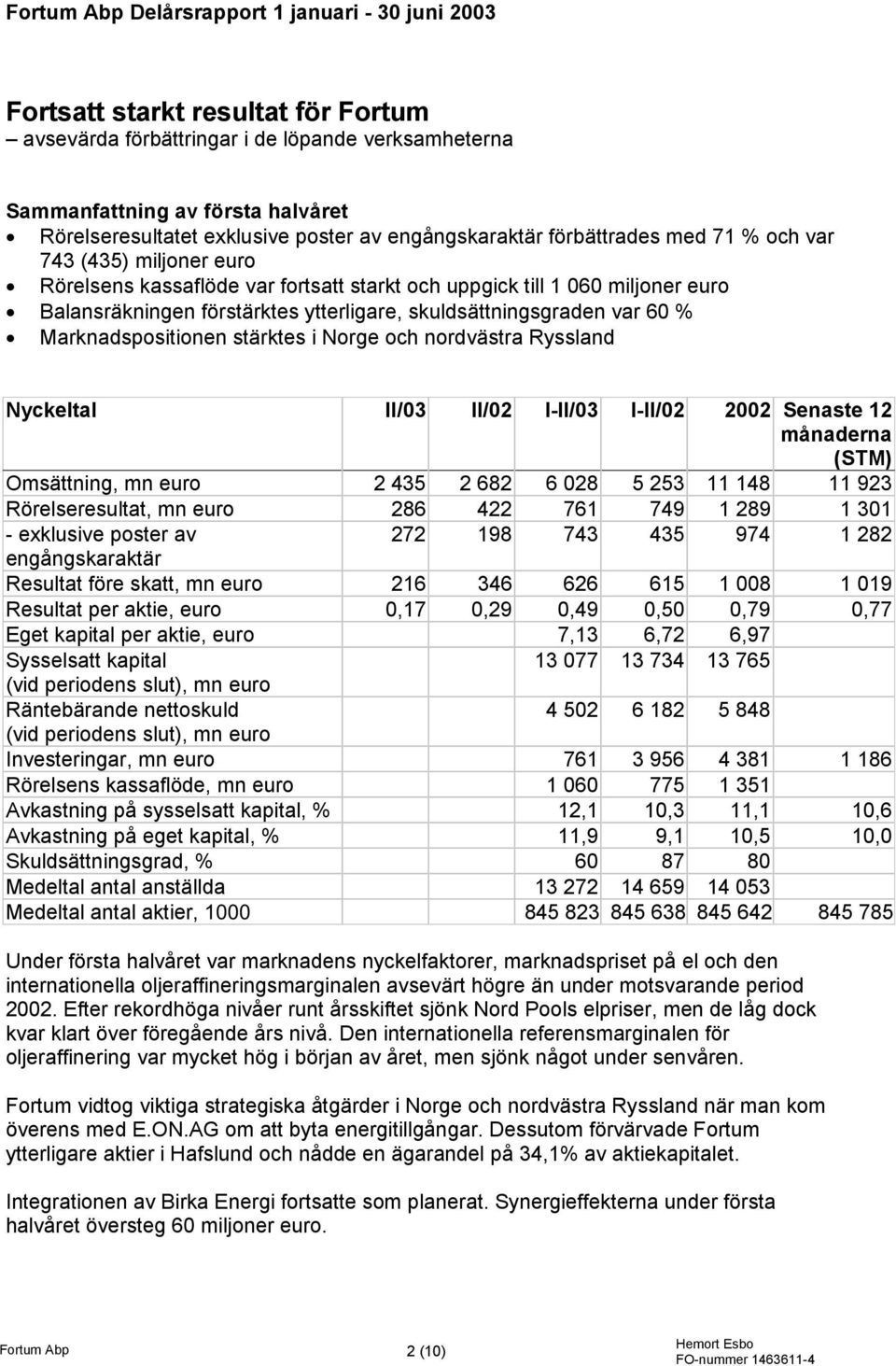 skuldsättningsgraden var 60 % Marknadspositionen stärktes i Norge och nordvästra Ryssland Nyckeltal II/03 II/02 I-II/03 I-II/02 2002 Senaste 12 månaderna (STM) Omsättning, mn euro 2 435 2 682 6 028 5