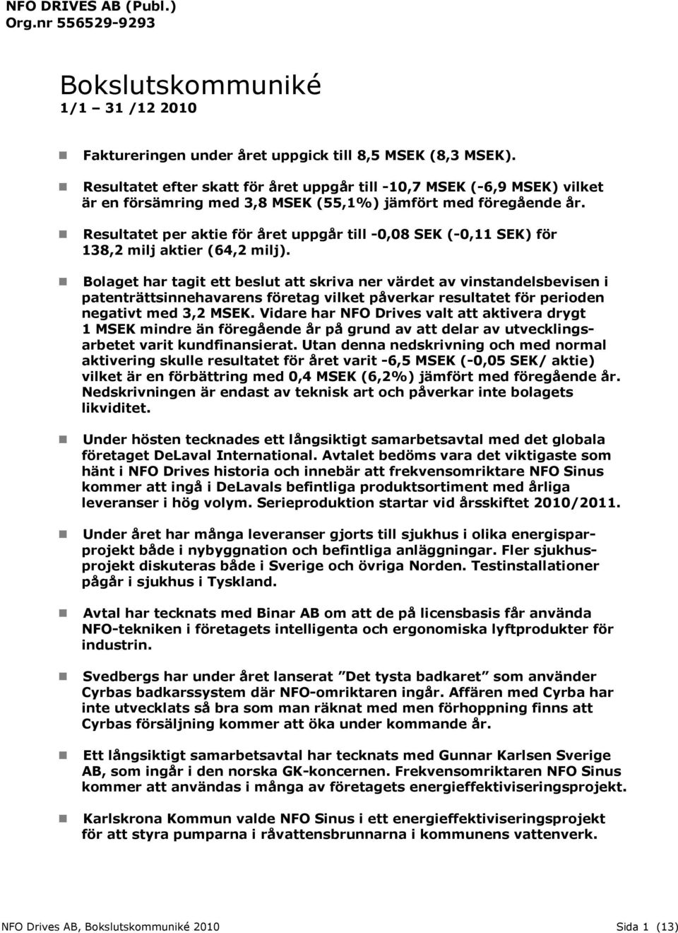 Resultatet per aktie för året uppgår till -0,08 SEK (-0,11 SEK) för 138,2 milj aktier (64,2 milj).