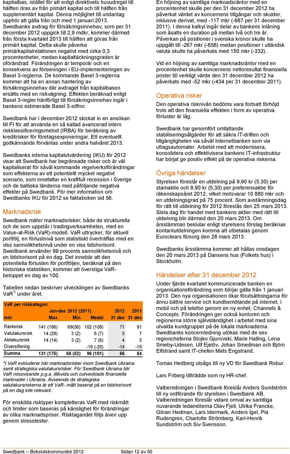 Swedbanks avdrag för försäkringsinnehav, som per 31 december 2012 uppgick till 2,9 mdkr, kommer därmed från första kvartalet 2013 till hälften att göras från primärt kapital.