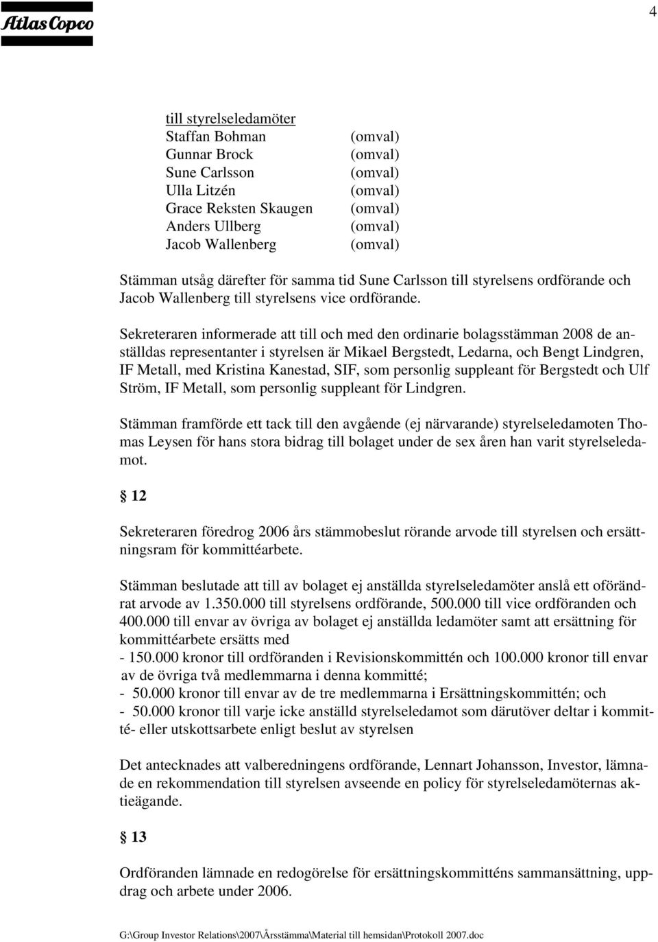 Sekreteraren informerade att till och med den ordinarie bolagsstämman 2008 de anställdas representanter i styrelsen är Mikael Bergstedt, Ledarna, och Bengt Lindgren, IF Metall, med Kristina Kanestad,