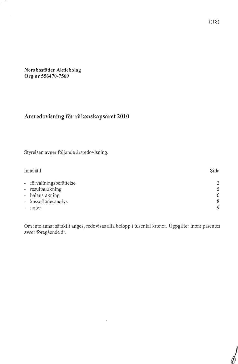 Innehåll förvaltningsberättelse resultaträkning balansräkning kassaflödesanalys noter