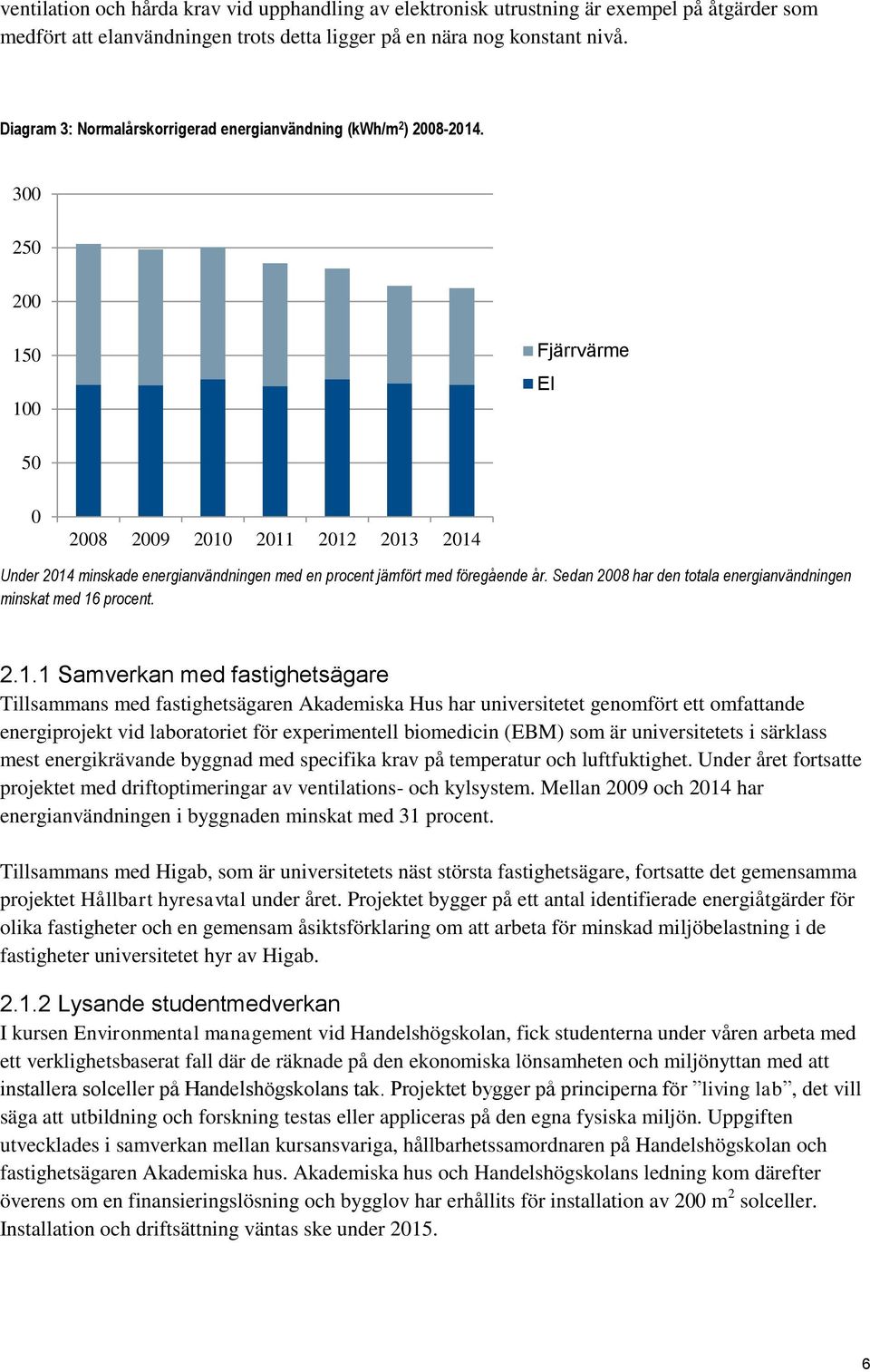 300 250 200 150 100 Fjärrvärme El 50 0 2008 2009 2010 2011 2012 2013 2014 Under 2014 minskade energianvändningen med en procent jämfört med föregående år.