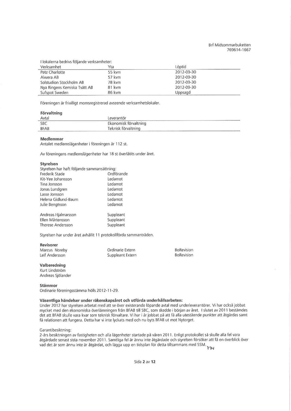 Förvaltning Avtal SBC BFAB leverantör 5knmisk förvaltning teknisk förvaltning medlemmar Antalet medlemslägenheteriförenlngenär112st. Avföreningens medlemslägenheter har18st överlåtits under året.