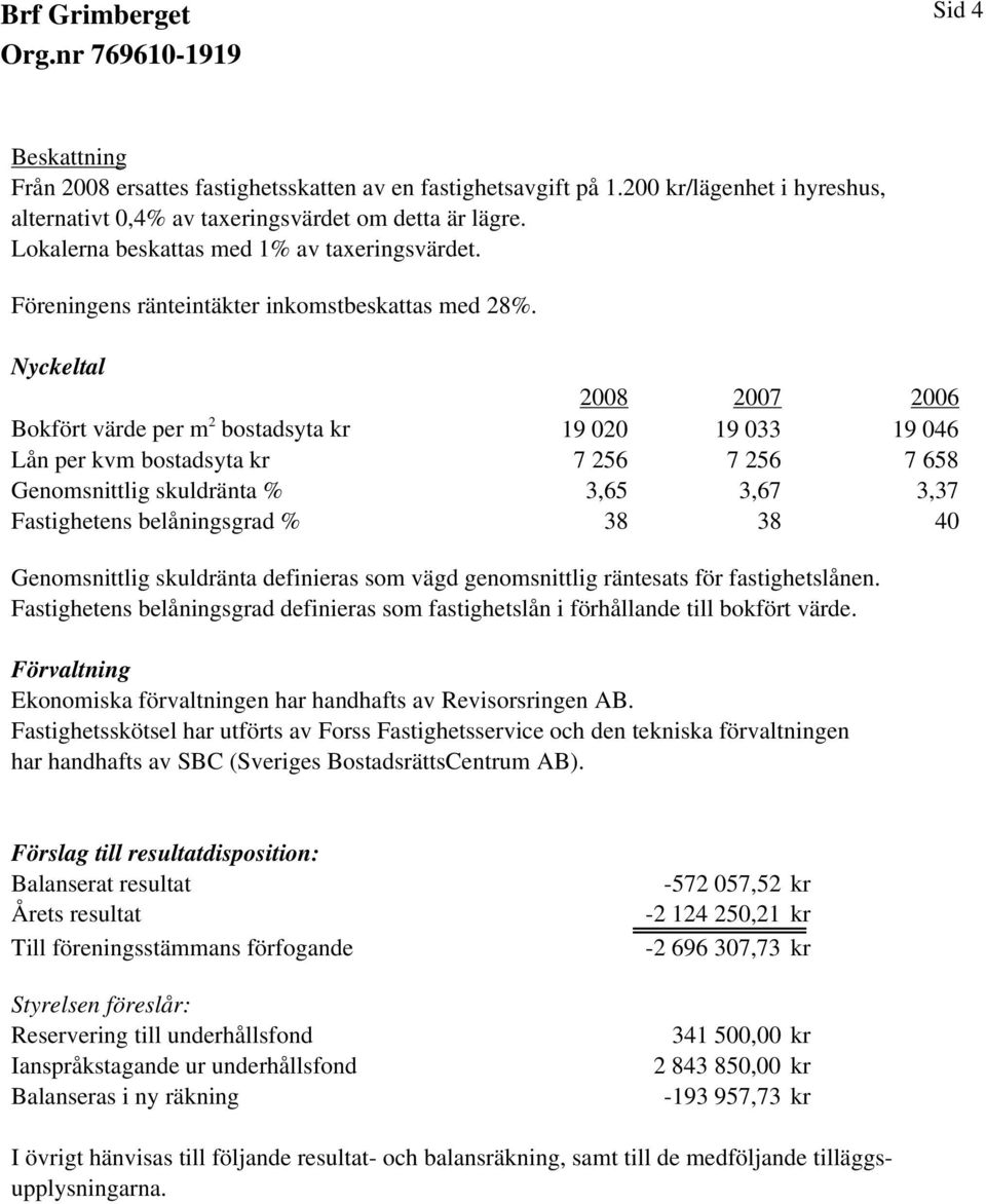 Nyckeltal 2008 2007 2006 Bokfört värde per m 2 bostadsyta kr 19 020 19 033 19 046 Lån per kvm bostadsyta kr 7 256 7 256 7 658 Genomsnittlig skuldränta % 3,65 3,67 3,37 Fastighetens belåningsgrad % 38