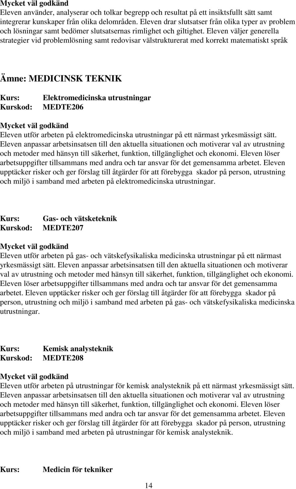 Eleven väljer generella strategier vid problemlösning samt redovisar välstrukturerat med korrekt matematiskt språk Ämne: MEDICINSK TEKNIK Elektromedicinska utrustningar MEDTE206 Eleven utför arbeten