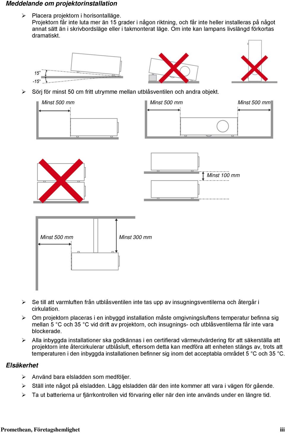 Om inte kan lampans livslängd förkortas dramatiskt. Sörj för minst 50 cm fritt utrymme mellan utblåsventilen och andra objekt.