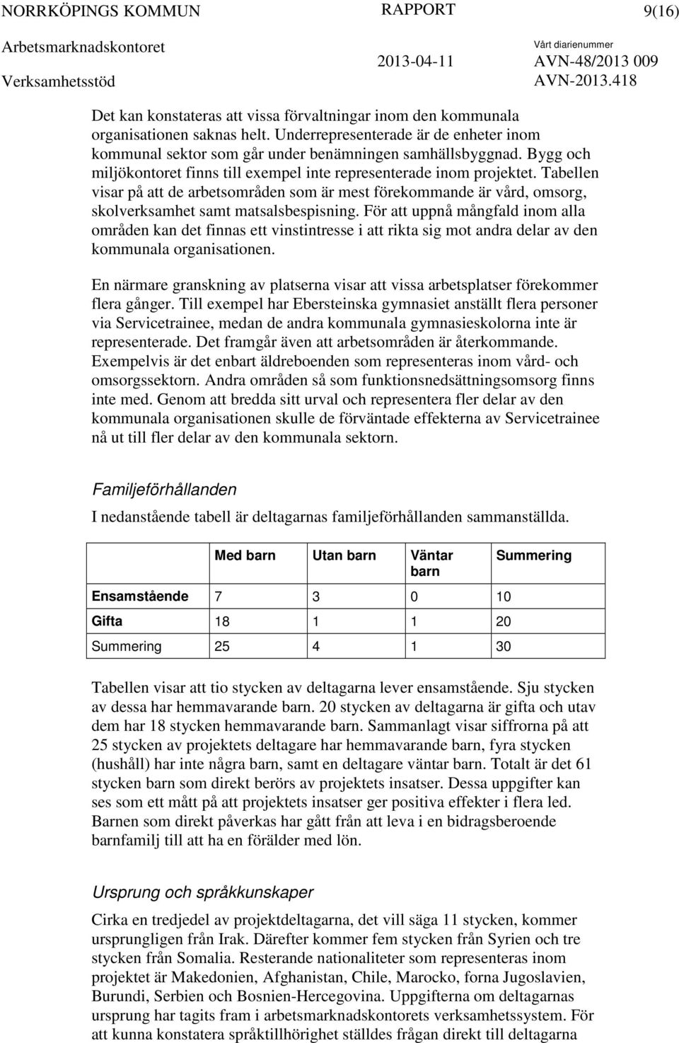 Tabellen visar på att de arbetsområden som är mest förekommande är vård, omsorg, skolverksamhet samt matsalsbespisning.