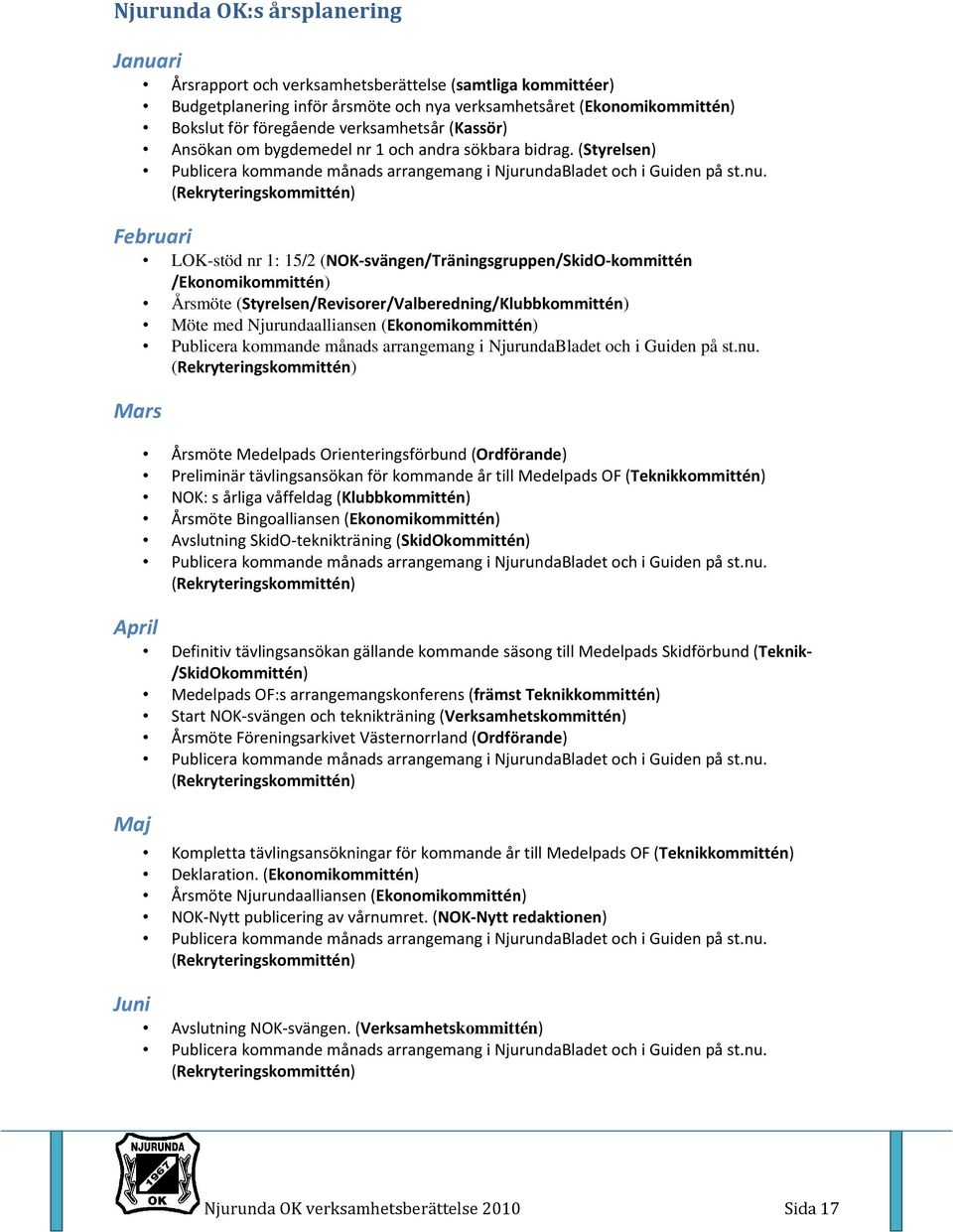 (Rekryteringskommittén) Februari Mars April Maj Juni LOK-stöd nr : 5/2 (NOK svängen/träningsgruppen/skido kommittén /Ekonomikommittén) Årsmöte (Styrelsen/Revisorer/Valberedning/Klubbkommittén) Möte