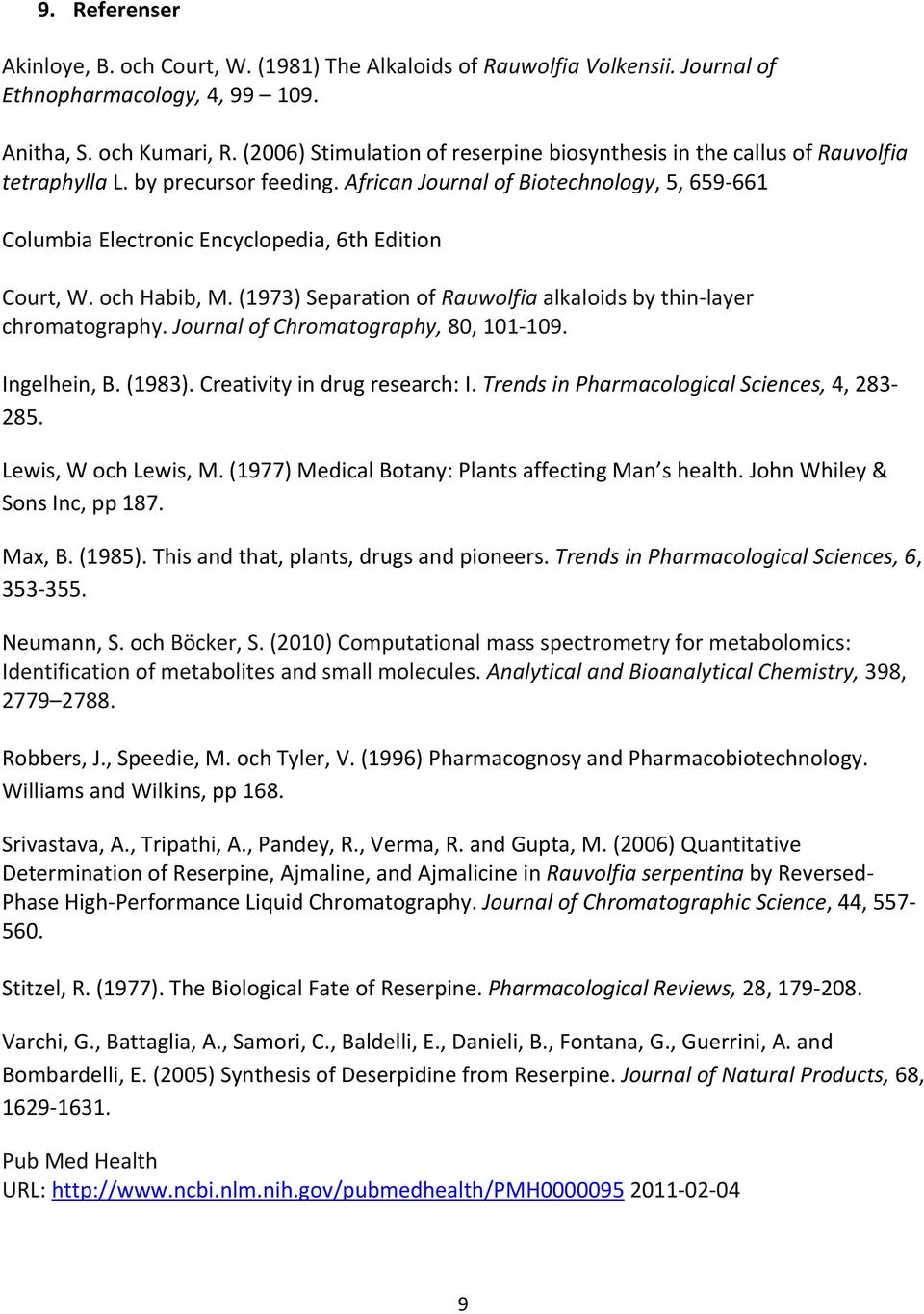 African Journal of Biotechnology, 5, 659-661 Columbia Electronic Encyclopedia, 6th Edition Court, W. och Habib, M. (1973) Separation of Rauwolfia alkaloids by thin- layer chromatography.