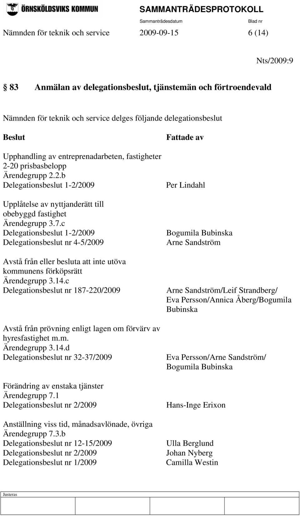 c Delegationsbeslut 1-2/2009 Delegationsbeslut nr 4-5/2009 Avstå från eller besluta att inte utöva kommunens förköpsrätt Ärendegrupp 3.14.