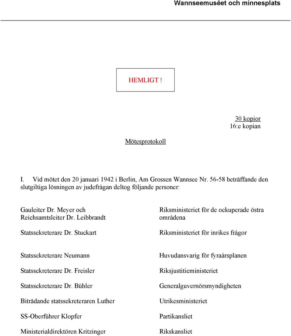 Stuckart Riksministeriet för de ockuperade östra områdena Riksministeriet för inrikes frågor Statssekreterare Neumann Statssekreterare Dr. Freisler Statssekreterare Dr.