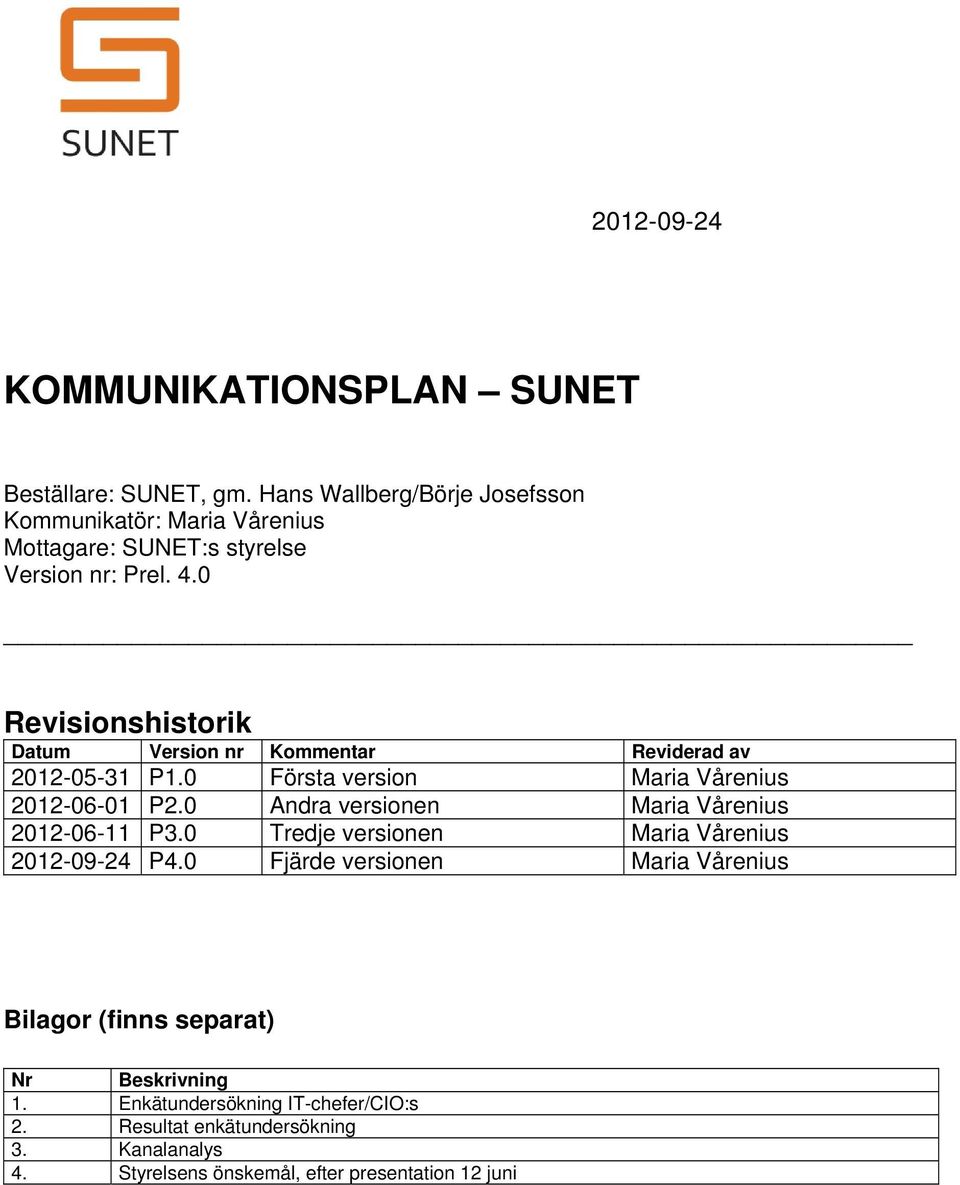 0 Revisionshistorik Datum Version nr Kommentar Reviderad av 2012-05-31 P1.0 Första version Maria Vårenius 2012-06-01 P2.