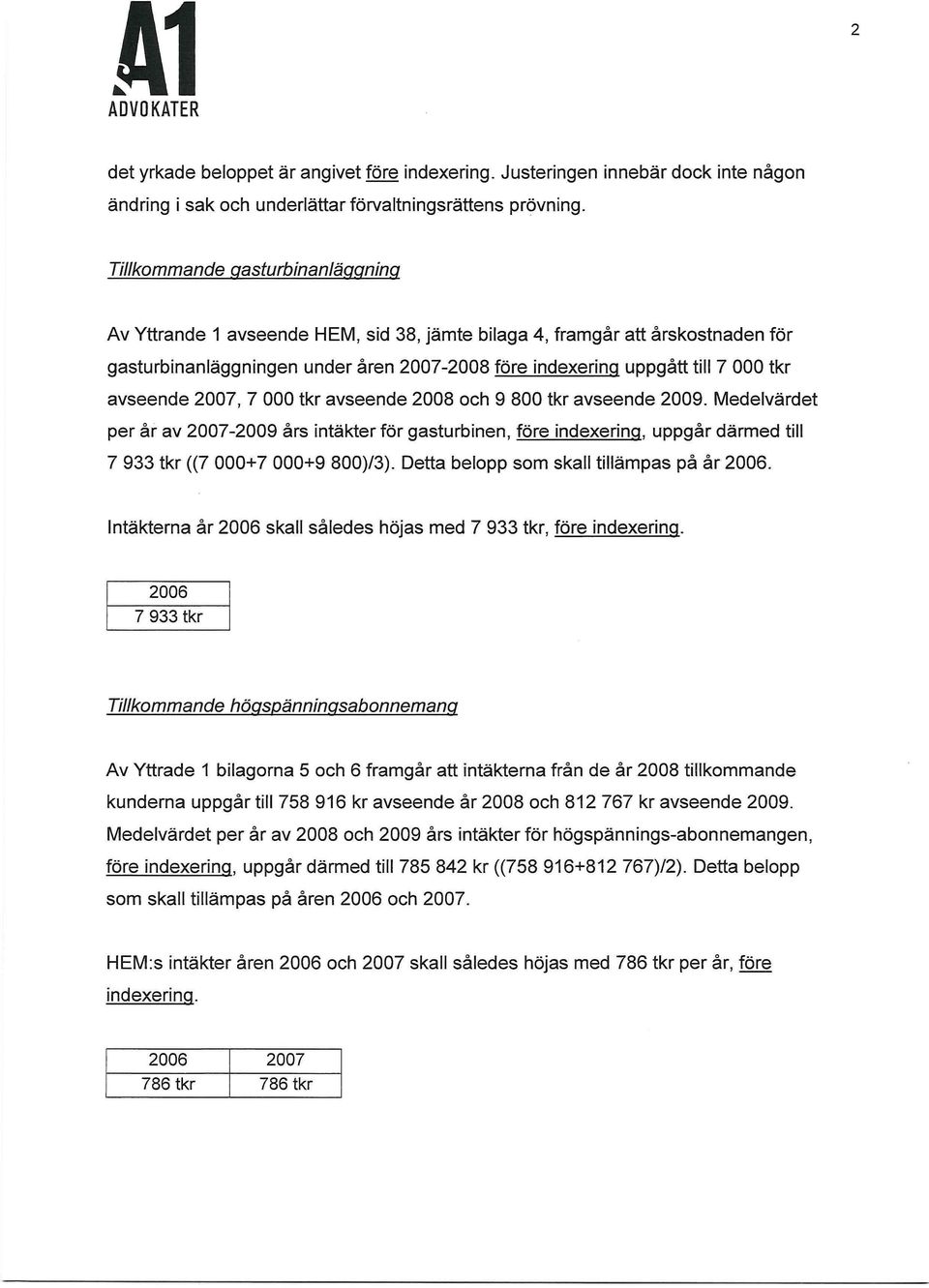 zyxwvutsrqponmlkjihgfedcbazyxwvutsrqponm Tillkom m ande oasturbinanläggning Av Yttrande 1 avseende HEM, sid 38, jämte bilaga 4, framgår att årskostnaden för gasturbinanläggningen under åren 2007-2008