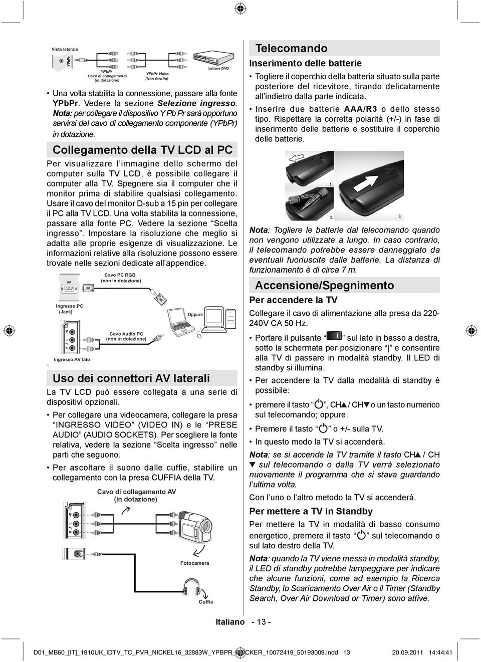 Collegamento della TV LCD al PC Per visualizzare l immagine dello schermo del computer sulla TV LCD, è possibile collegare il computer alla TV.