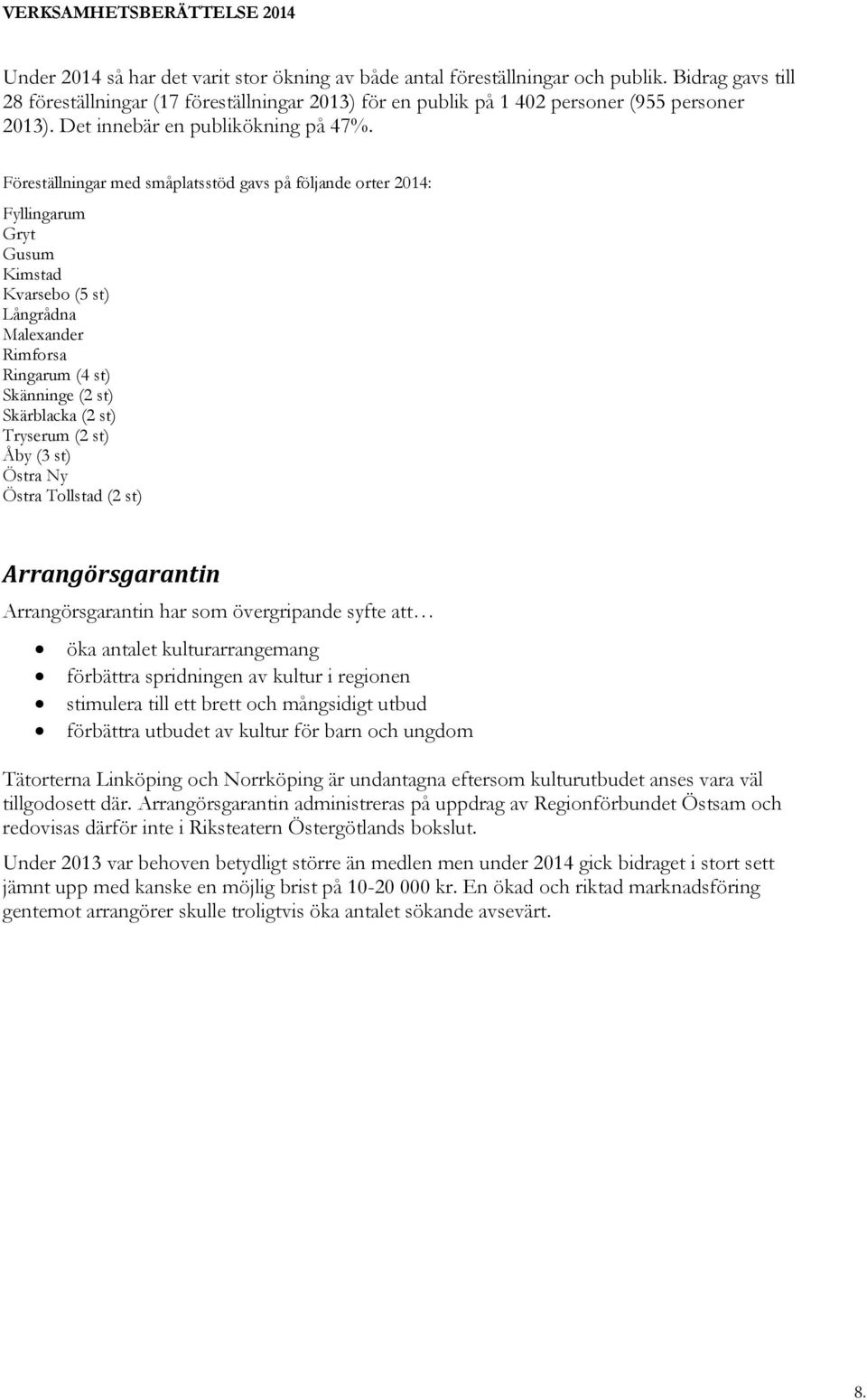 Föreställningar med småplatsstöd gavs på följande orter 2014: Fyllingarum Gryt Gusum Kimstad Kvarsebo (5 st) Långrådna Malexander Rimforsa Ringarum (4 st) Skänninge (2 st) Skärblacka (2 st) Tryserum