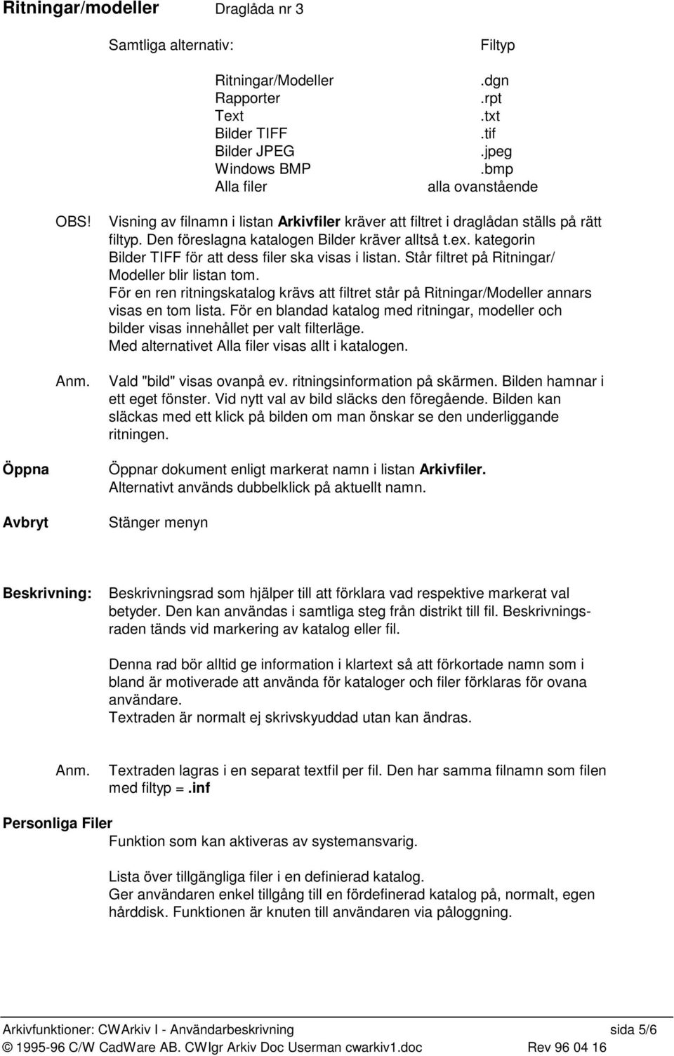 kategorin Bilder TIFF för att dess filer ska visas i listan. Står filtret på Ritningar/ Modeller blir listan tom.