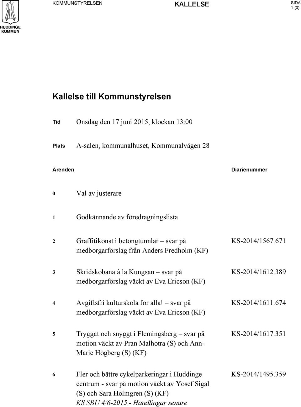 671 3 Skridskobana à la Kungsan svar på medborgarförslag väckt av Eva Ericson (KF) KS-2014/1612.389 4 Avgiftsfri kulturskola för alla! svar på medborgarförslag väckt av Eva Ericson (KF) KS-2014/1611.