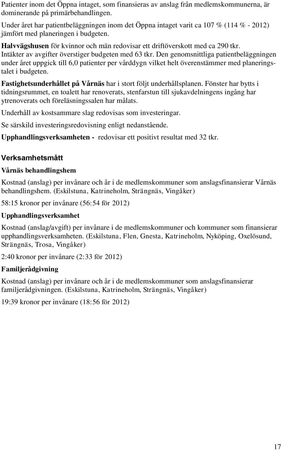 Halvvägshusen för kvinnor och män redovisar ett driftöverskott med ca 290 tkr. Intäkter av avgifter överstiger budgeten med 63 tkr.