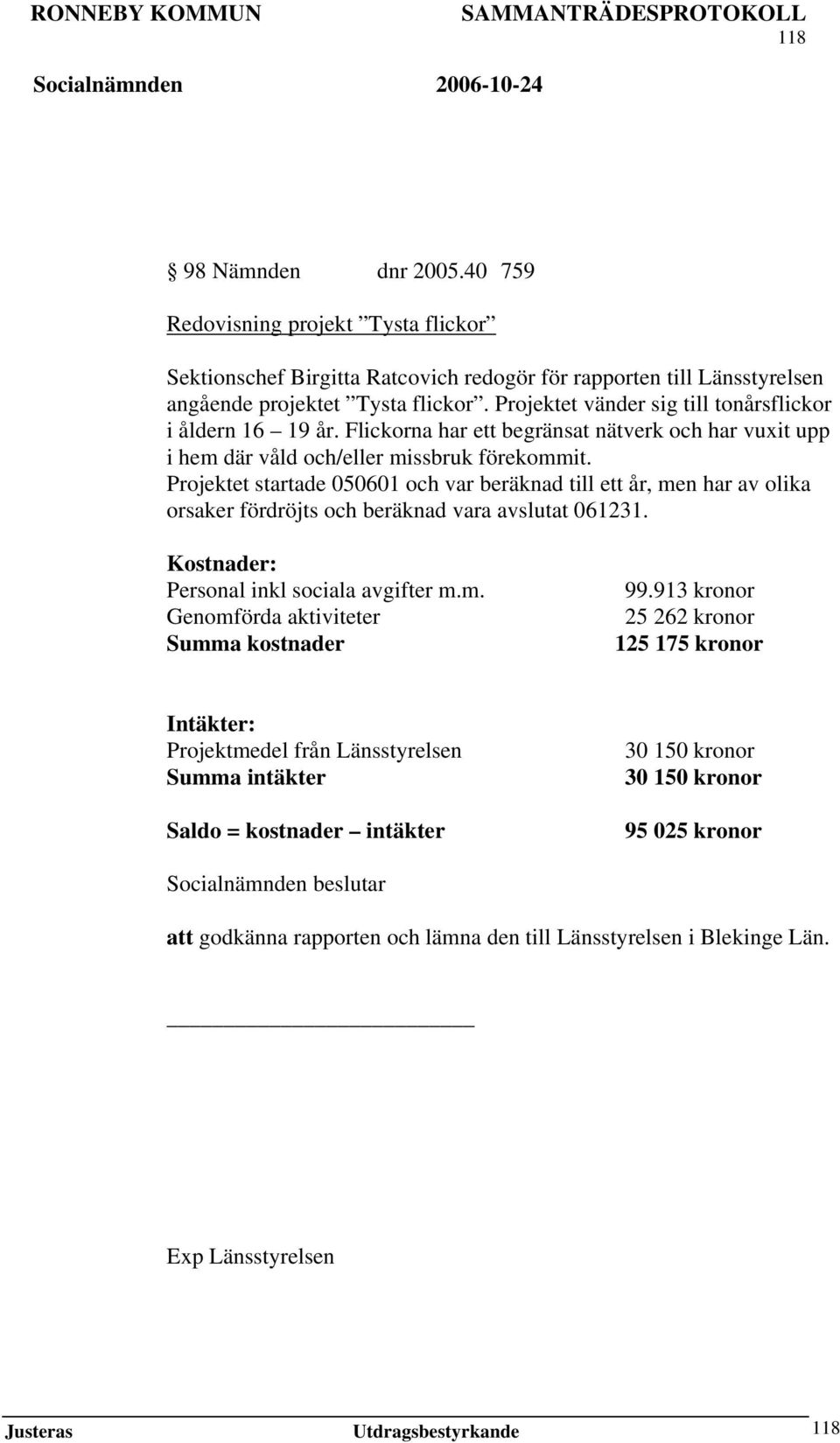 Projektet startade 050601 och var beräknad till ett år, men har av olika orsaker fördröjts och beräknad vara avslutat 061231. Kostnader: Personal inkl sociala avgifter m.m. Genomförda aktiviteter Summa kostnader 99.