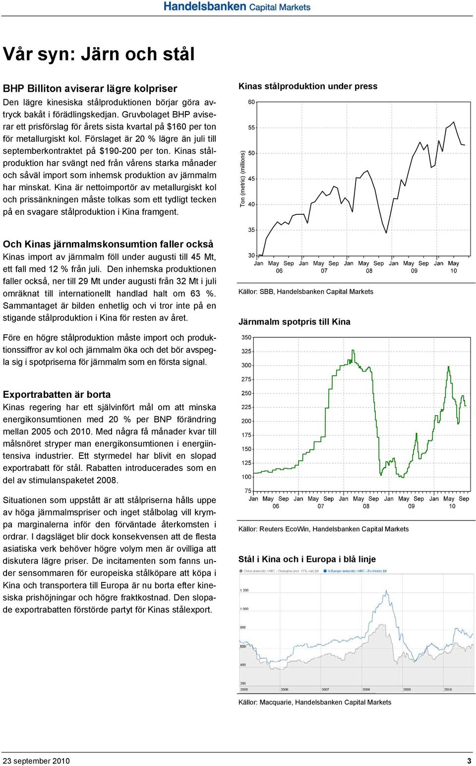 Kinas stålproduktion har svängt ned från vårens starka månader och såväl import som inhemsk produktion av järnmalm har minskat.