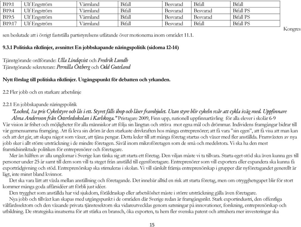 1 Politiska riktlinjer, avsnittet En jobbskapande näringspolitik (sidorna 12-14) Tjänstgörande ordförande: Ulla Lindqvist och Fredrik Lundh Tjänstgörande sekreterare: Pernilla Östberg och Odd