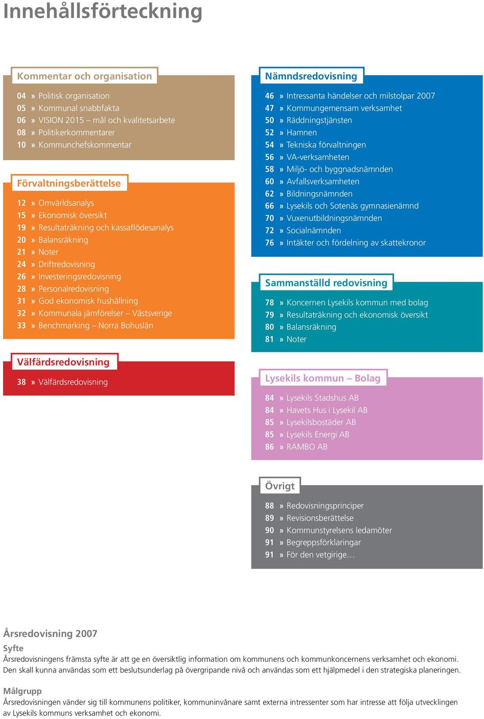 Personalredovisning 31» God ekonomisk hushållning 32» Kommunala jämförelser Västsverige 33» Benchmarking Norra Bohuslän Nämndsredovisning 46» Intressanta händelser och milstolpar 2007 47»