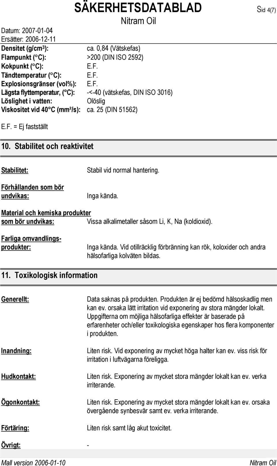 25 (DIN 51562) E.F. = Ej fastställt 10. Stabilitet och reaktivitet Stabilitet: Förhållanden som bör undvikas: Stabil vid normal hantering. Inga kända.