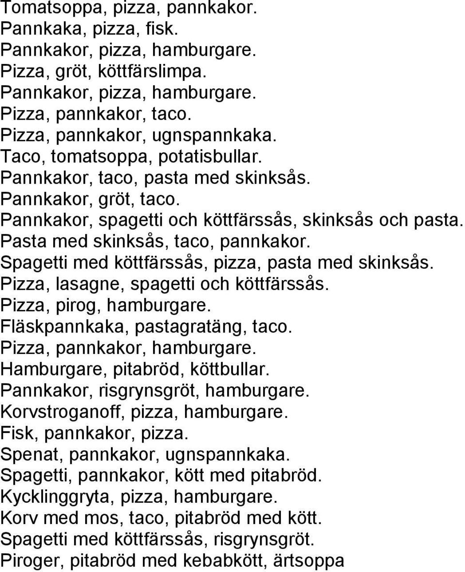 Spagetti med köttfärssås, pizza, pasta med skinksås. Pizza, lasagne, spagetti och köttfärssås. Pizza, pirog, hamburgare. Fläskpannkaka, pastagratäng, taco. Pizza, pannkakor, hamburgare.