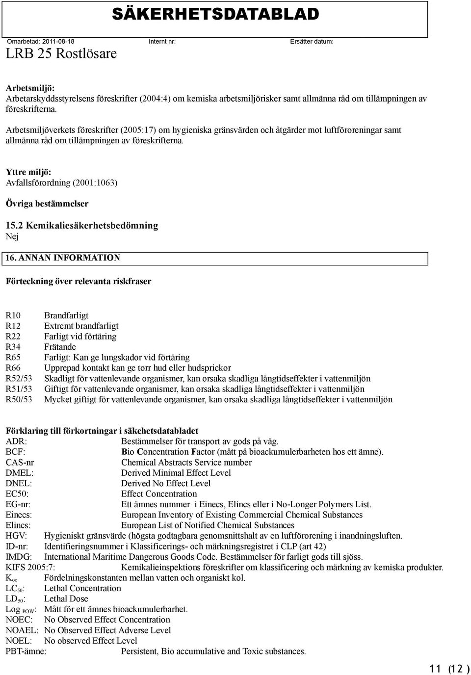 Yttre miljö: Avfallsförordning (2001:1063) Övriga bestämmelser 15.2 Kemikaliesäkerhetsbedömning Nej 16.